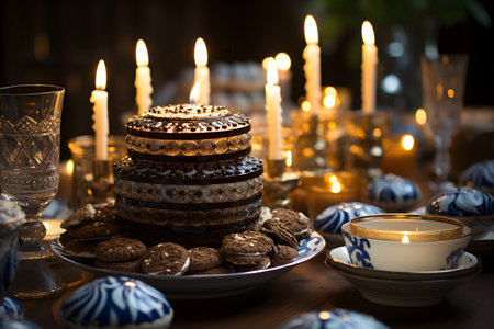 Decorated Hanukkah table with a menorah, gelt (chocolate coins) and festive blue and white decorationsの素材