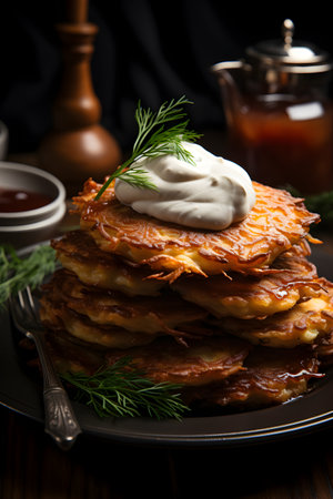 Hanukkah traditional food - crispy homemade latkes served with applesauce and a side of sour creamの素材