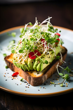 A beautifully plated avocado toast garnished with microgreens and a sprinkle of chili flakesの素材