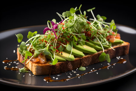 An appetizing avocado toast, featuring a colorful and flavorful garnish of microgreens and chili flakesの素材