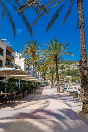 Seaside restaurants along the sea promenade of Port de Soller, Mallorca, Spainの写真素材