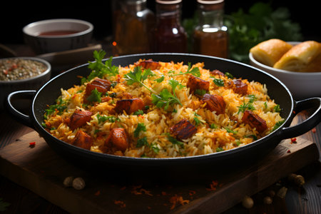 Close-up pan with homemade traditional West African vegetarian jollof rice with tomatoes, onion, and a blend of spicesの素材
