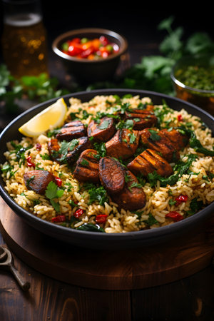 Close-up West African traditional jollof rice - a vegetarian one-pot dish made with rice, tomatoes, onions and a blend of spicesの素材