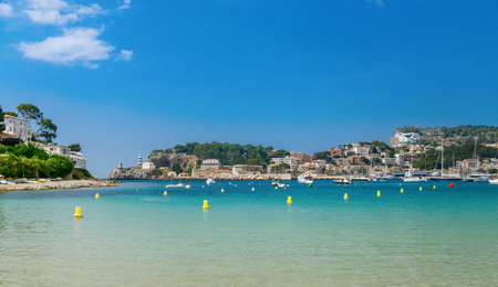 Azure sea in the small coastal town Port de Soller in Mallorca, Spainの写真素材
