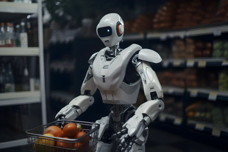 A smart robotic device performing shopping tasks in a supermarket. Development of robots in the future. Robot's help in life concept.の素材