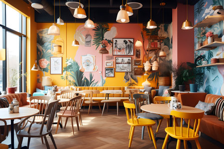 A vibrant and colorful modern interior of a trendy cafe with eclectic furniture and eye-catching artworksの素材