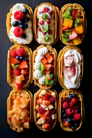 Top view dessert tacos: waffle tacos filled with ice cream, whipped cream, fruits and various toppingsの素材