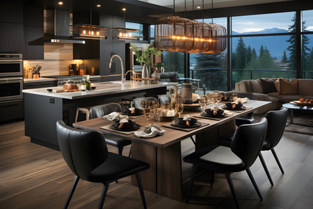 An open-concept kitchen-dining area with big kitchen island, dining table, seating area with sofa and a big windowの素材