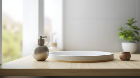 Empty white tray for product display on a wooden table top with blurred bathroom interior backgroundの素材