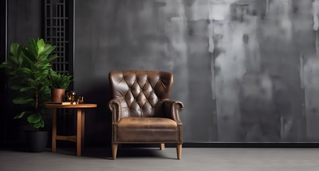 Trendy loft ambiance with a sleek leather armchair against an industrial-style cement backdropの素材