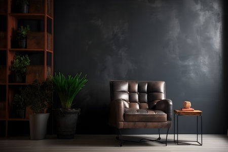 Urban loft interior design showcasing a leather armchair against a dark cement wallの素材