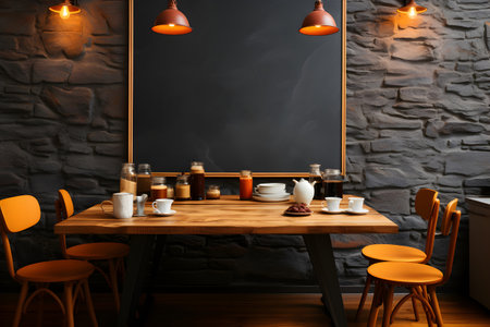 A trendy cafe mockup showcasing a blank chalkboard menu on the wallの素材