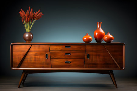 A retro-inspired modern wooden sideboard with elegant tapered legs and sleek, clean lines and vases on the topの素材