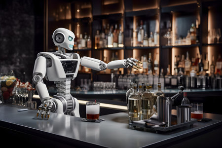 Robotic bartender mixing cocktails in the bar, blending technology with mixologyの素材