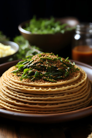Ethiopian Injera - a soft, sourdough flatbread, commonly used as a utensil and a base for flavorful stews. Traditional Ethiopian cuisine.の素材