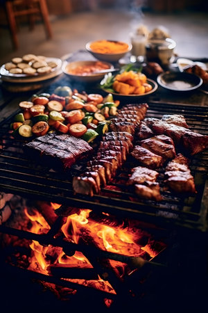 An authentic South African Braai with a variety of meats and vegetables cooking on the grill. South African cuisine.の素材