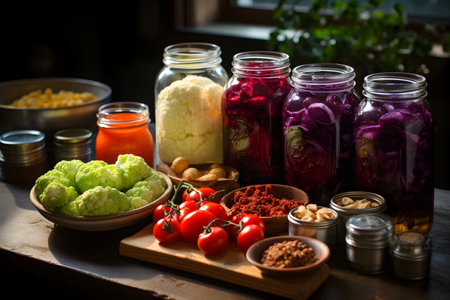Colorful assortment of vegetables, fragrant spices, salt, and fermenting vessels ready for homemade fermentationの素材