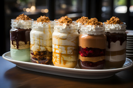 A collection of dessert jars, each layered with tempting sweets, perfect for a flavorful indulgenceの素材