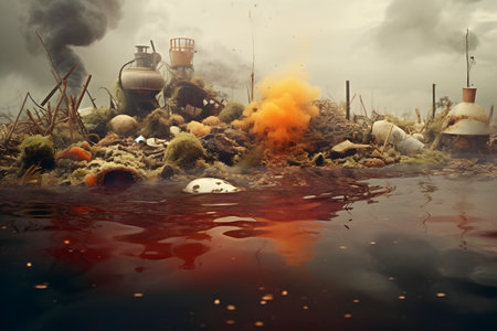 Polluted water, revealing the consequences of improper waste disposal and industrial effluents. Water pollution concept.の素材