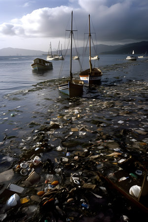 Ocean pollution concept, depicting a coastline littered with various discarded itemsの素材
