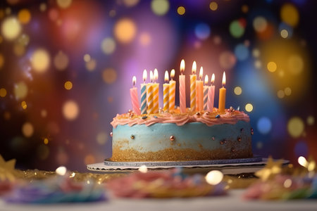 A birthday cake with candles casting a warm glow against a bokeh background, evoking a festive and happy moodの素材