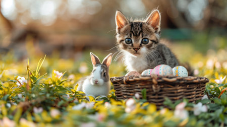 A cute kitten and a baby rabbit finding a basket full of Easter eggs. An adorable and festive Easter arrangement in a lively spring garden.の素材