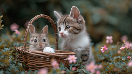A cute kitten and baby rabbit finding a basket with Easter eggs, in a blooming spring gardenの素材