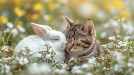 A kitten and white baby rabbit with closed eyes cuddling each other in a garden during summer, enjoying the warmth of the seasonの素材