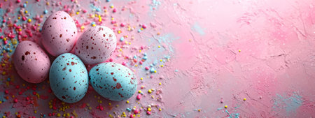 An Easter banner flat lay with pastel colored Easter eggs on a pink background with copy-spaceの素材