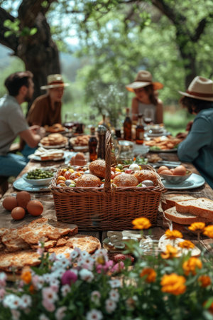 Friends and family gathered for an Easter morning picnic in a serene spring garden, sharing a meal that includes eggs from a basket and other Easter snacksの素材