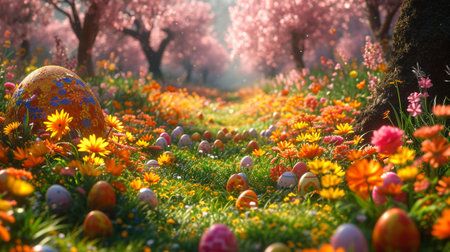 A magical Easter garden scene with vibrant flowers, blooming trees, and whimsical Easter eggs hidden among the foliageの素材