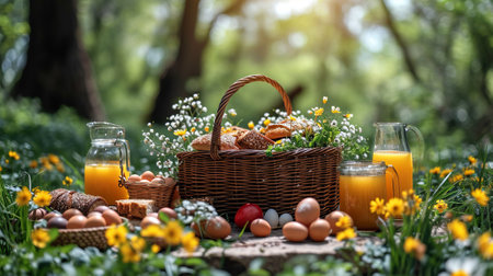 A picnic setting with fresh juice and a basket with eggs in the garden. An Easter breakfast picnic concept.の素材