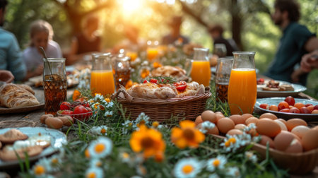 A group of people enjoying an Easter breakfast in an idyllic garden picnic setting, seated around a table with a basket of eggs and other snacksの素材