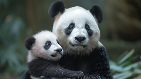 A portrait of a cute baby panda cub and an adult panda in their natural habitat. The beauty and tranquility of wildlife.の素材