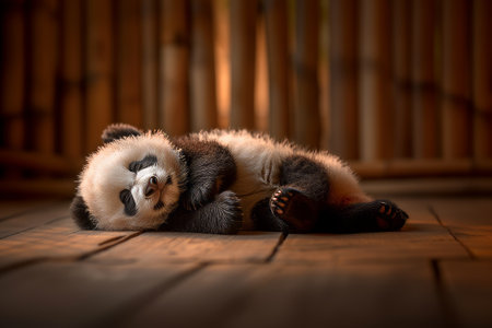 A serene cute sleeping baby panda, lying on a wooden floorの素材