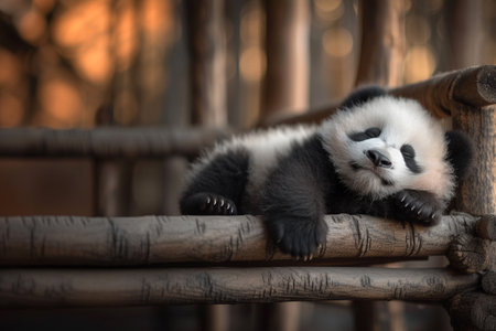 A peaceful adorable baby panda, sleeping on a wooden surfaceの素材