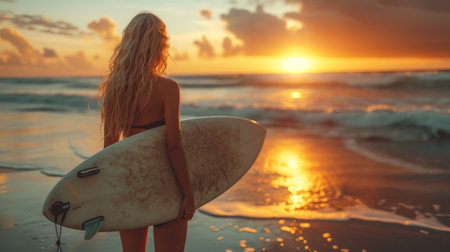 A young woman standing by the shoreline, holding a surfboard, gazing towards the horizon where the sun meets the ocean. A sense of peace and connection with nature.の素材