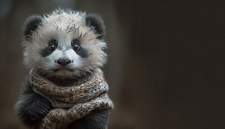 A small, fluffy baby panda with a textured scarf, on a dark background with a copy-spaceの素材