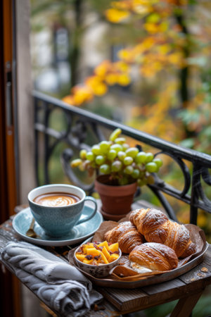 A hot coffee and croissants for breakfast on a small cozy balcony for one personの素材