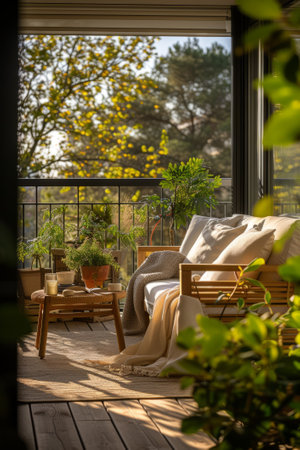 A cozy modern balcony, adorned with a variety of lush, potted plants and a chair with cushions and a blanketの素材
