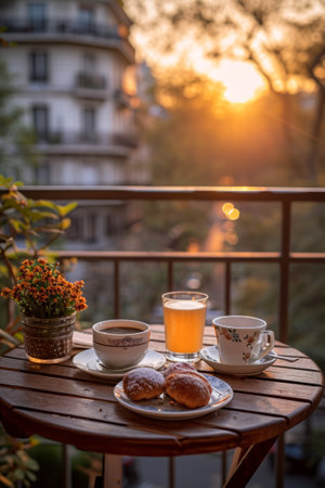 A breakfast on a small table on a balcony for two persons, with coffee and pastriesの素材