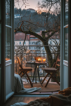A balcony setting during the evening, adorned with candles on a table, comfortable chairs, and a blanket, all under the soft glow of lightsの素材