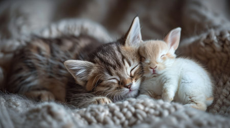 Adorable kitten and white baby rabbit sleeping together lying on a knitted blanket, cozy indoor sceneの素材