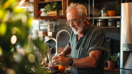 A senior man making a smoothie in the modern kitchen at home. An elderly man preparing a smoothie using blender. Healthy lifestyle, active aging, and home cooking concept.の素材