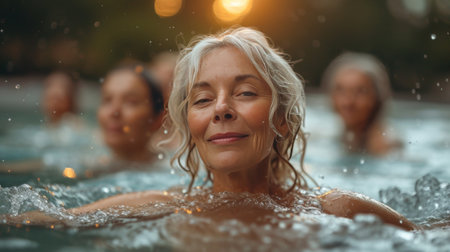 A beautiful mid-aged woman doing gymnastics in the gym pool. Active aging through aquatic gymnastics.の素材