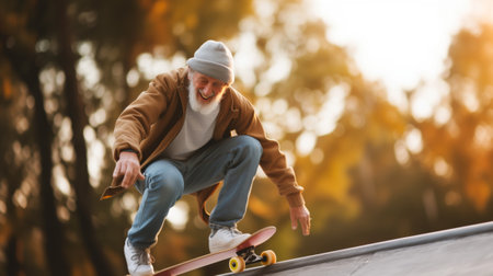 Happy senior man confidently riding a longboard, illustrating the joy of outdoor recreation in older age. Active aging or skateboarding enthusiasts concept.の素材