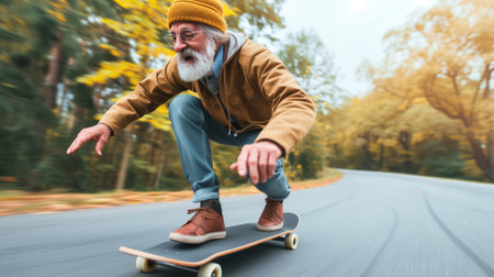 A stylish senior man is seen skateboarding on a longboard, exuding energy and vitality. Active aging or skateboarding enthusiasts concept.の素材