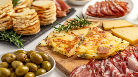 The assortment of Spanish tapas, including tortilla, small plates with olives, meats and cheese, on a white backgroundの素材