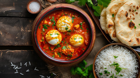 Top view egg curry in a traditional bowl, alongside a pile of steamed rice and warm flatbreadの素材