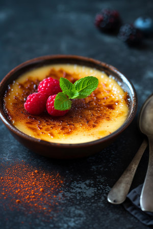 A dessert creme brulee elegantly presented with a topping of fresh raspberry, on a dark concrete backgroundの素材